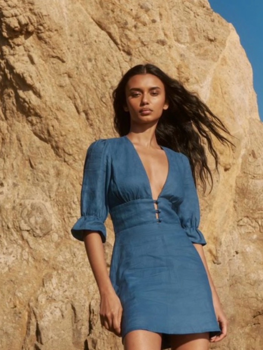 Reformation Linen Blue Deep V Mini Dress with Puff Sleeves